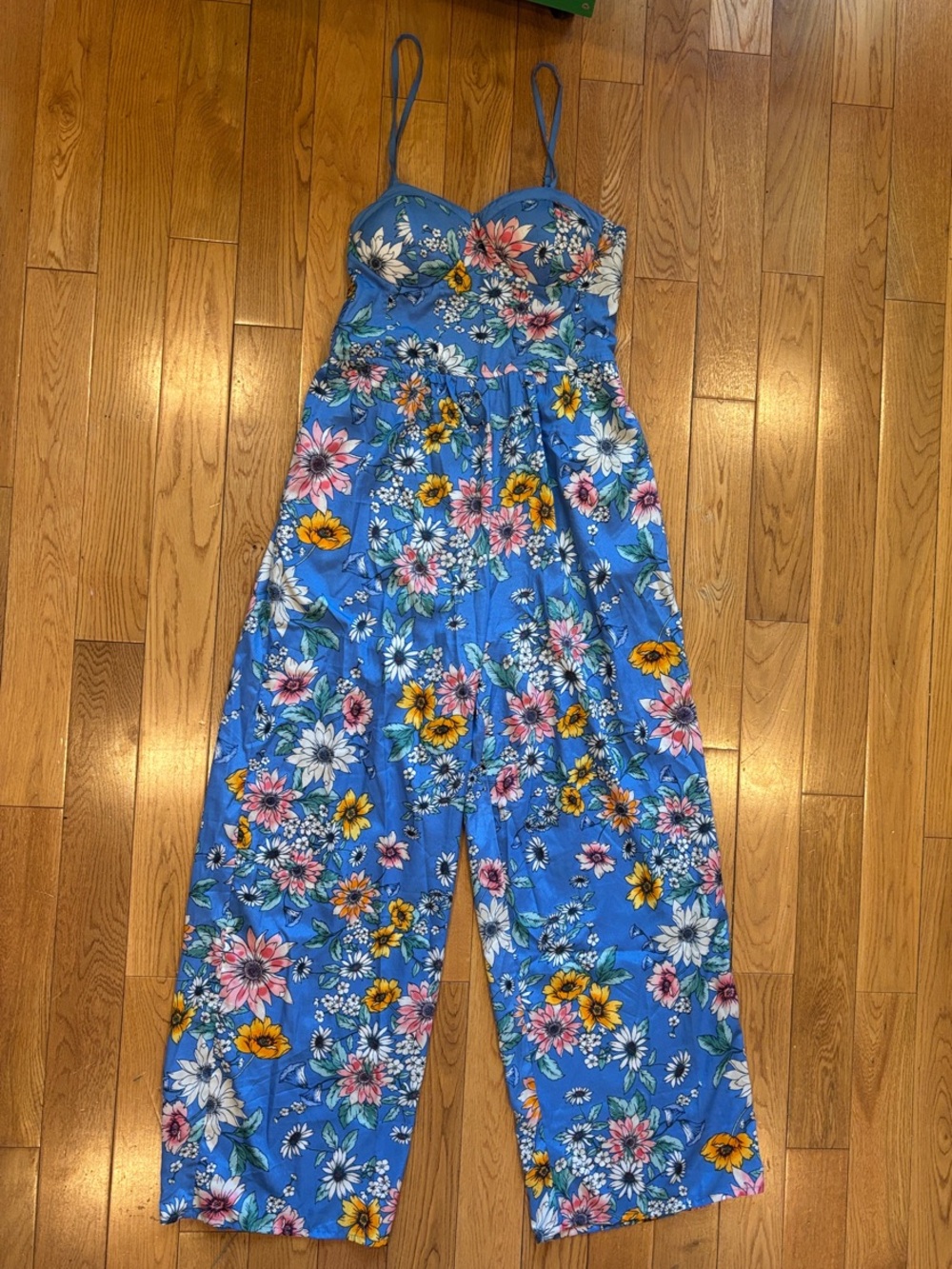 Floral Blue Strap Jumpsuit with Wide-Leg Silhouette